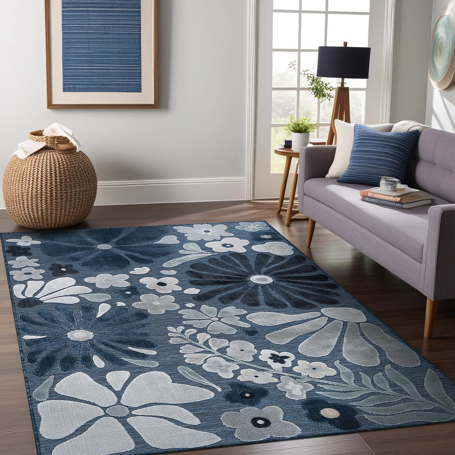 Beverly Rug Outdoor Rug 8x10 Modern Floral Tropical Area Rugs for Outdoor and Indoor Patio Easy to Clean Non Shedding Living Room Porch Garden Washable Outside Carpet (8 x 10 Navy)