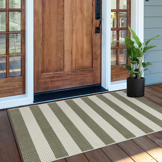 OJIA Striped Rug 24"x51" Washable Front Door Mat Outdoor Doormat Woven Entry Rug Cotton Indoor Outdoor Rug Small Checkered Rugs for Porch Kitchen Entryway Patio Bathroom (Green/White/Tan)
