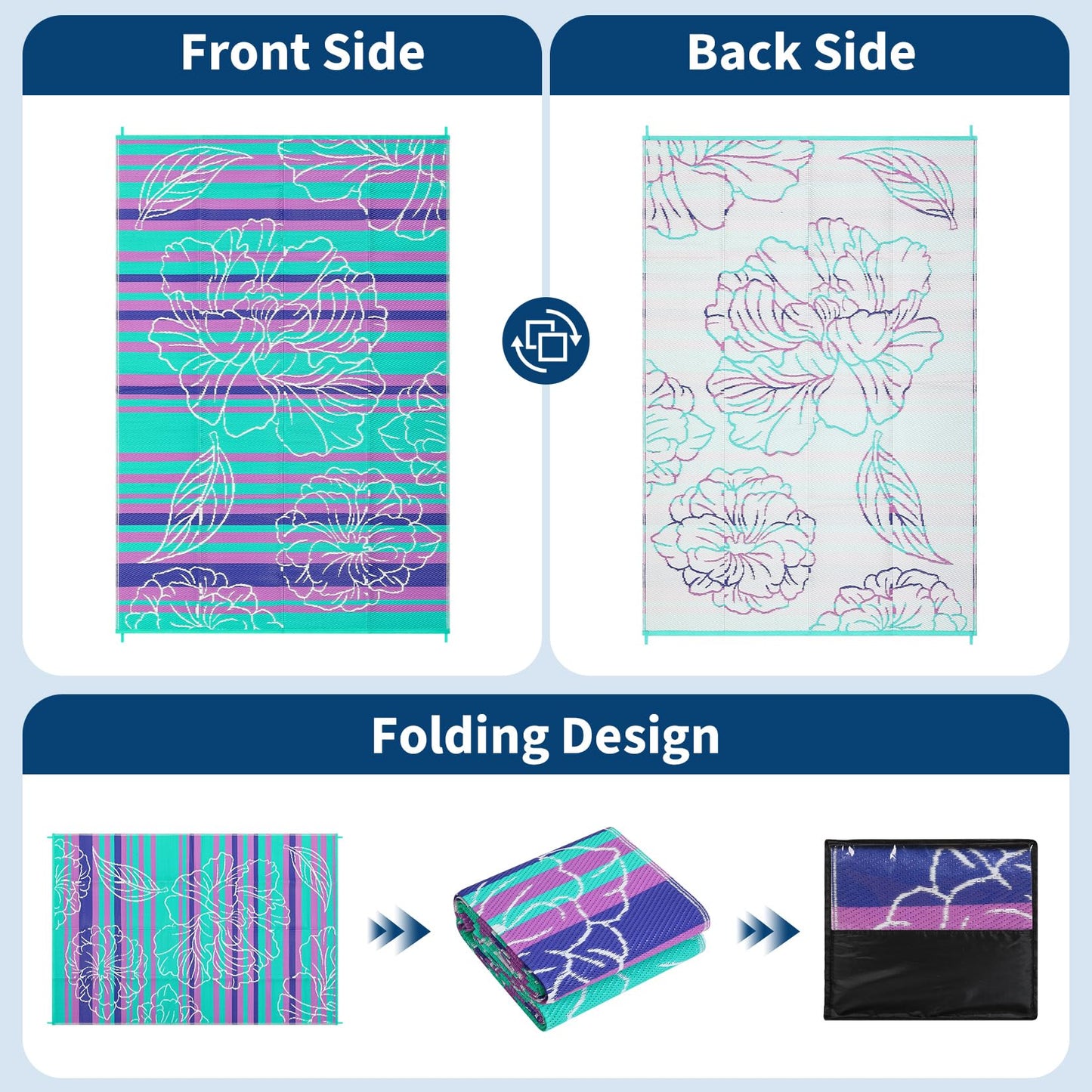 Garvee 5x8 Outdoor Waterproof Rug, Floral Outdoor Area Rug，Reversible Plastic Straw Patio Rug, Portable Camping Mat for RV, Picnic, Beach, Balcony, Garden & Camping Purple&Blue