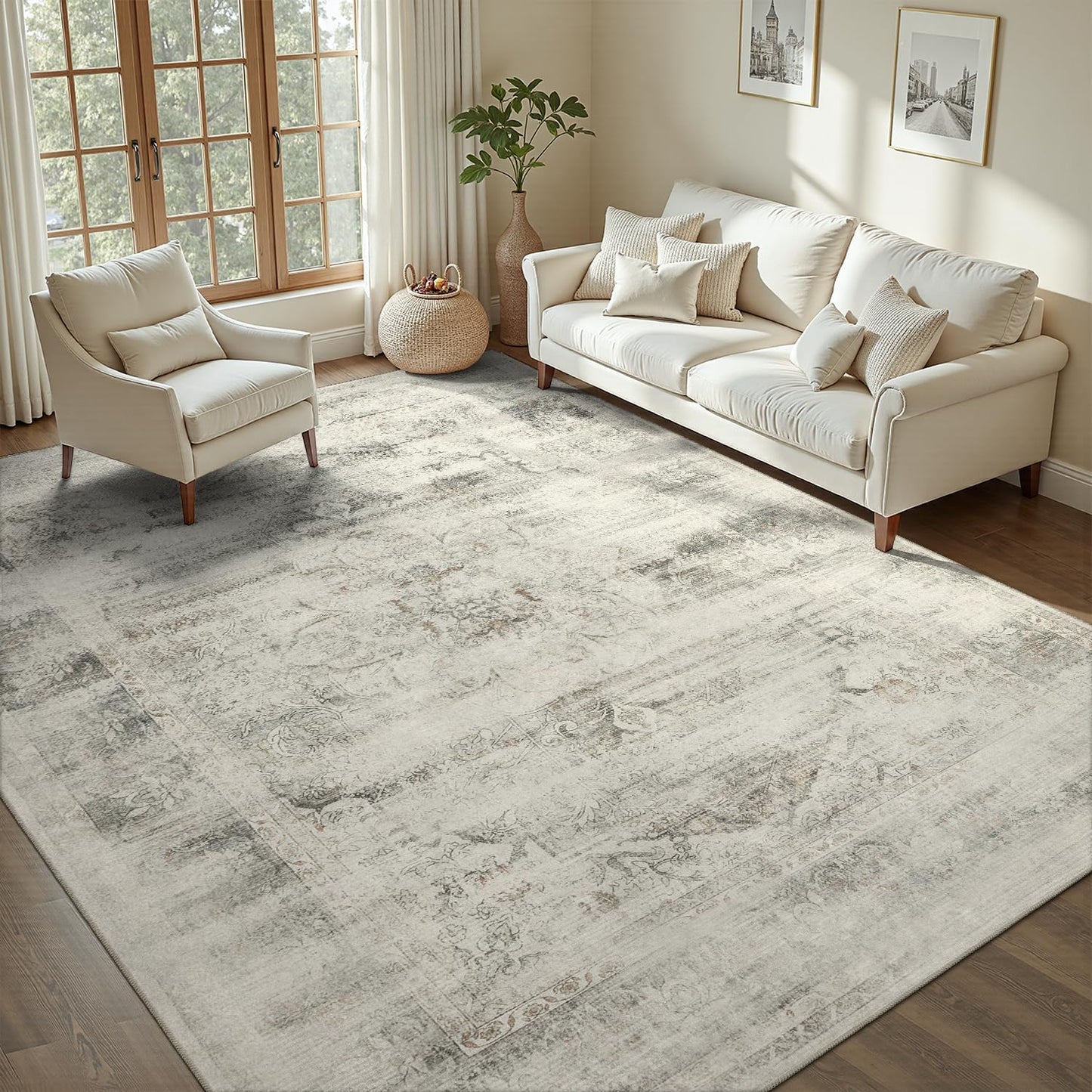 DCX 5x7 Vintage Rug, Machine Washable Stain Resistant Distressed Beige Rug, Kid & Pet Friendly with Rubber Back Non Slip Soft Low Pile Large Carpet for Living Room, Bedroom, Home Office