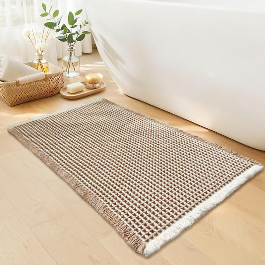 GRLYUH Waffle Bath Mat - Boho Bathroom Rugs Non Slip Washable, Super Absorbent & Quick Dry, Small Bath Mats Farmhouse Bathroom Decor, 18'' x 30'', Khaki and White