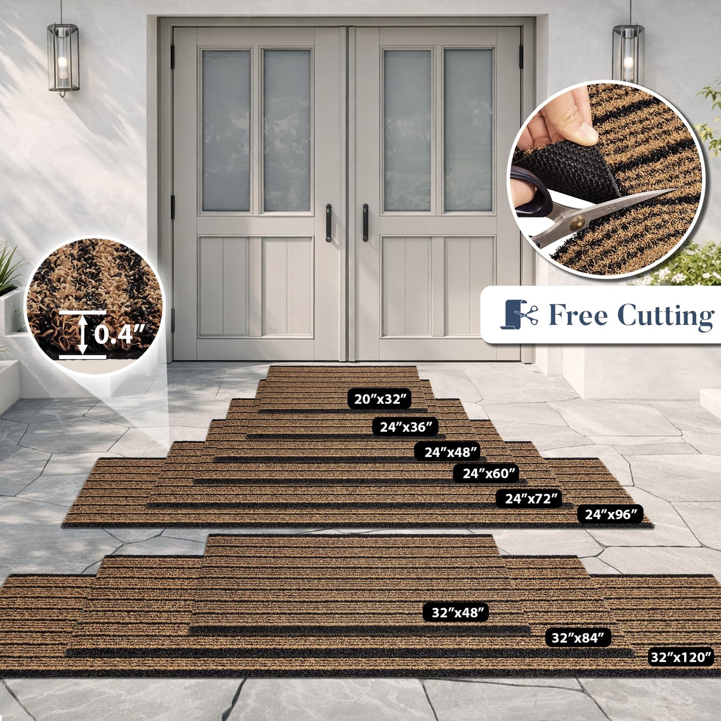 DOMUSTEX Outdoor Front Door Mat 24" x 72", Dirt Trapping Outside Entrance Runner Rug, Non Slip, Heavy Duty Commercial Rug for Patio, Balcony, Garage, Traffic Area, Office, Roll Packing