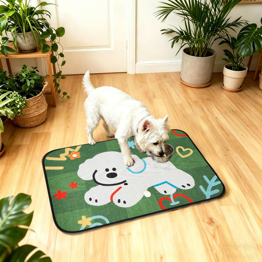 Rarenut Dog Food Mat Absorbent Dog Bowl Mat for Food and Water 24’’x16’’ Linen Dry Dispenser Mat Dog Supplies for Messy Drinkers - Running Puppy