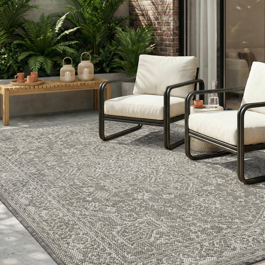 MontVoo-Outdoor Rug-Patio Rug 5x7 ft Polypropylene Indoor Outdoor Rugs Carpet for Patio Deck Balcony Porch, Textured Weave, Durable for High Traffic, Fade-Resistant, Vintage Medallion Silver Grey