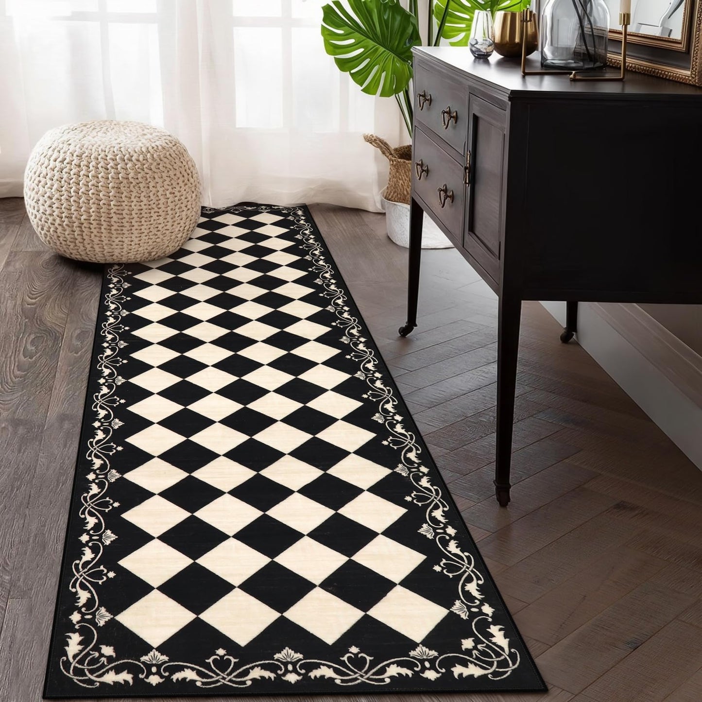 Beeiva Checkered Bathroom Runner Rug 2x6, Black and White Washable Runners for Hallways Non Slip, Moroccan Trellis 2x6 Rug for Besides Laundry Kitchen, Checkerboard Stain Resistant Bathroom Decor