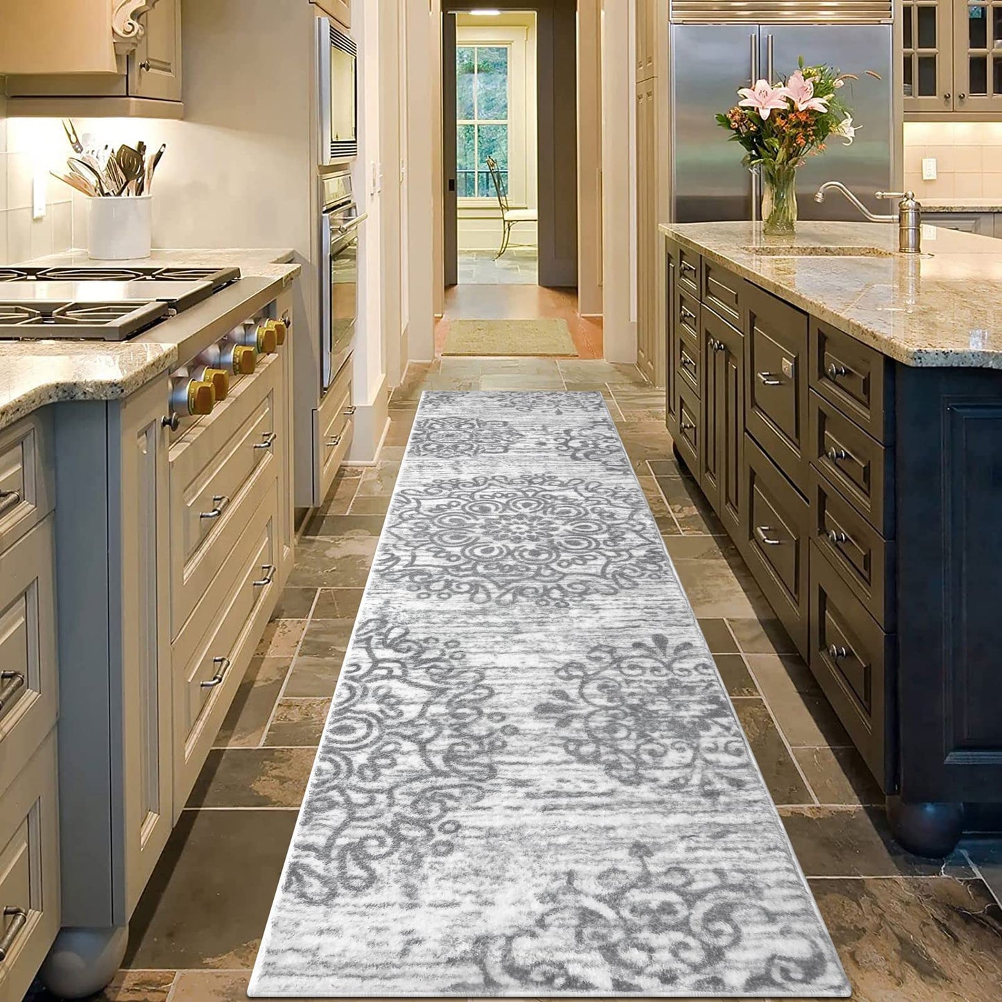 HEBE Hallway Runner Rug 2'x8' Washable Vintage Distressed Area Rugs Non Slip Laundry Rug Runner Boho Floor Carpet Runners for Hallways Entryway Laundry Room Kitchen Bathroom,Grey