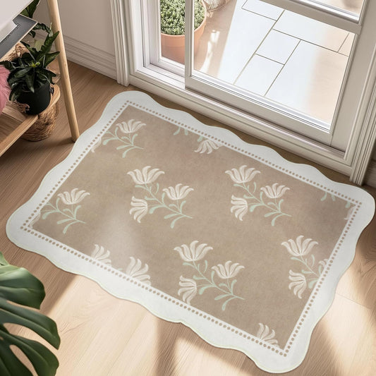Albodanl Scalloped Floral Entryway Rug, 2x3 Soft Non-Slip Indoor Door Mat Ultra Thin Washable Kitchen Rug, Vintage Farmhouse Small Low-Pile Throw Rug for Entrance Bathroom Bedroom