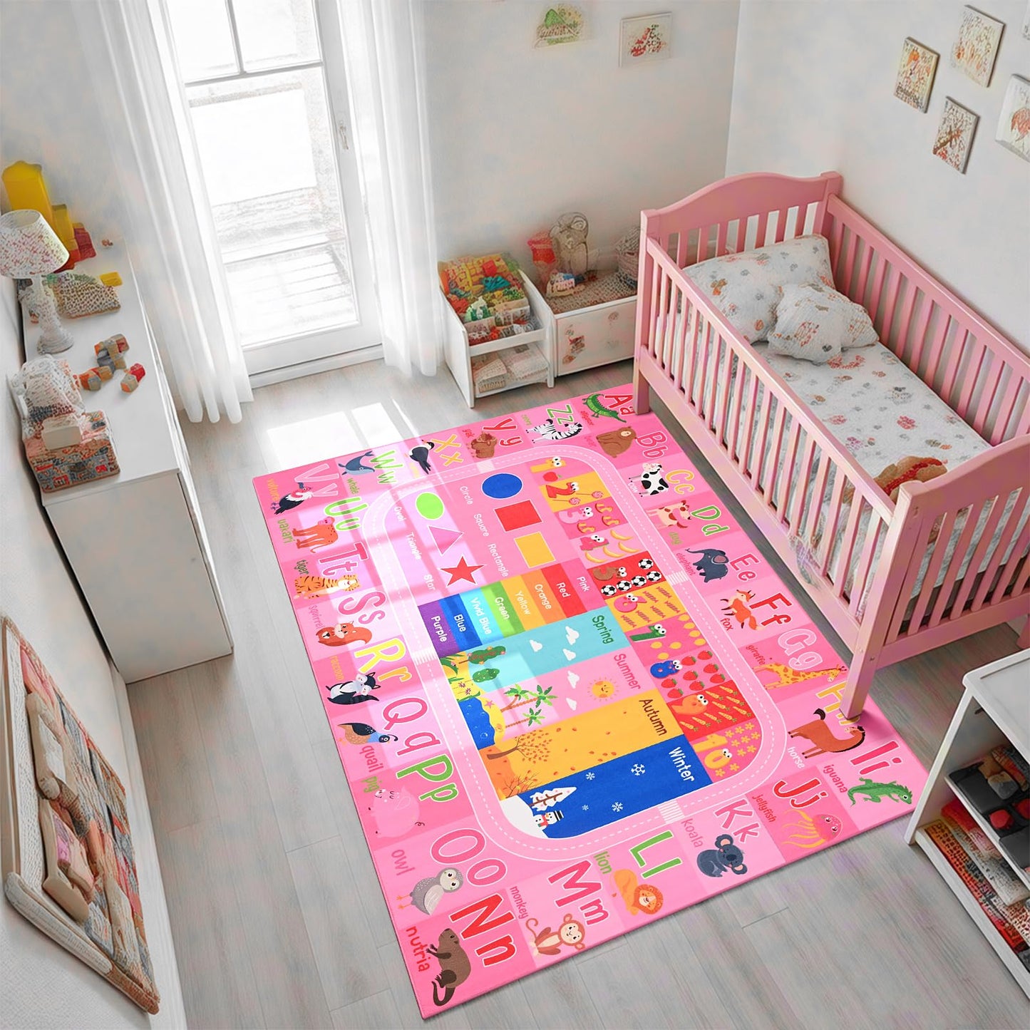 Flagover Pink Kids Rug for Playroom Classroom, ABC Alphabet Numbers Play Toddlers Rugs, 6x9 Learning Educational Bedroom Floor Mat, Washable Baby Carpet for Girls Room, Nursery, Preschool, Daycare