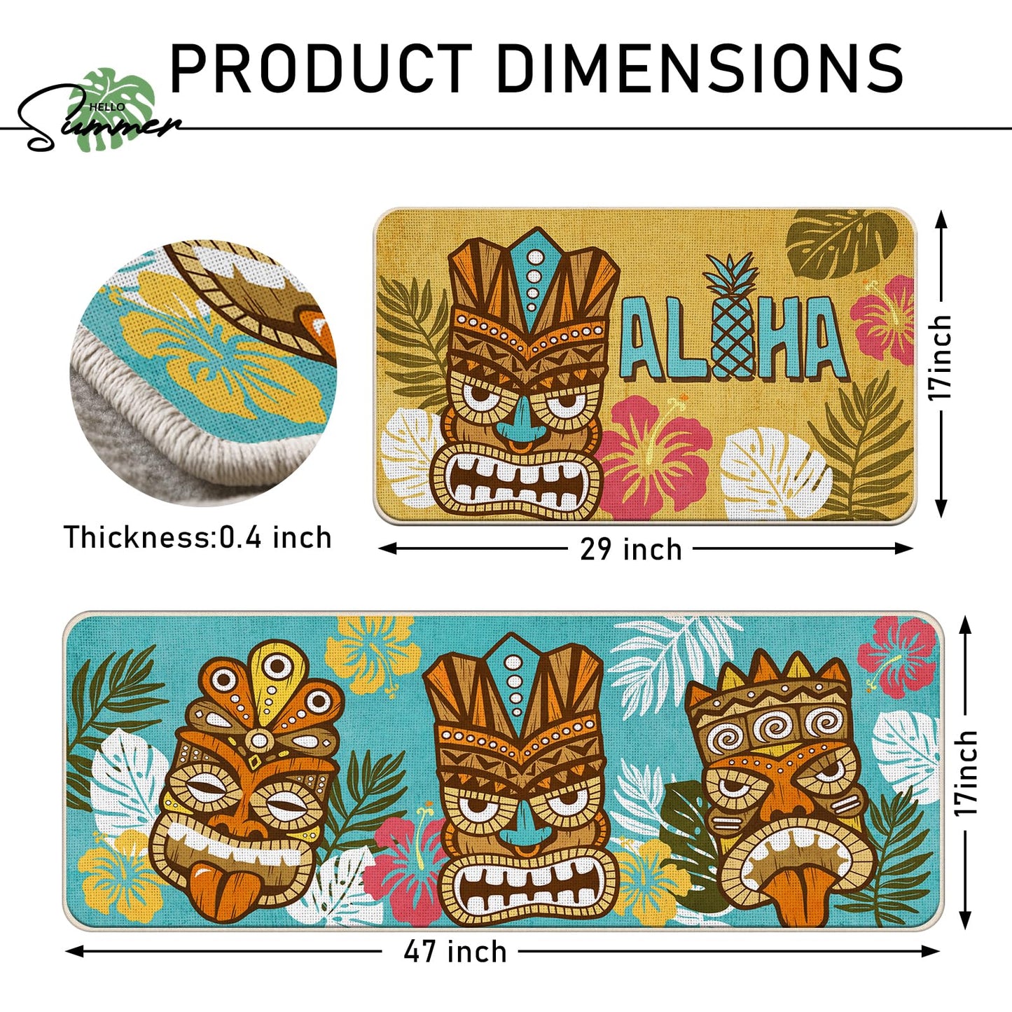 Tailus Aloha Summer Tiki Kitchen Rugs Set of 2, Tropical Palm Leaves Yellow Blue Kitchen Mats Decor, Hawaii Hibiscus Flower Pineapple Seasonal Floor Door Mat Home Decorations -17x29 and 17x47 Inch
