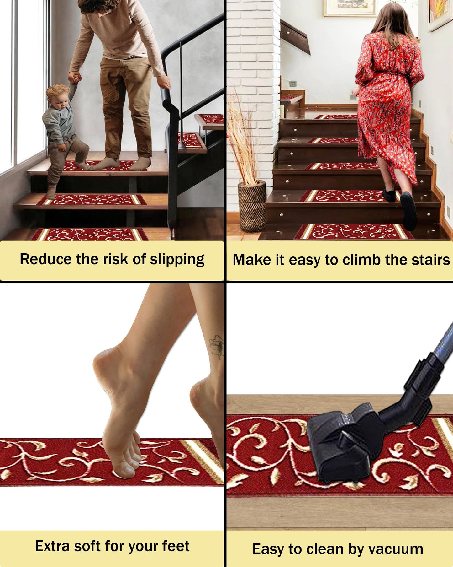 Gloria Non Slip Rubber Back Pet Friendly Floral Design Carpet Stair Treads Stairway mats (13, RED)