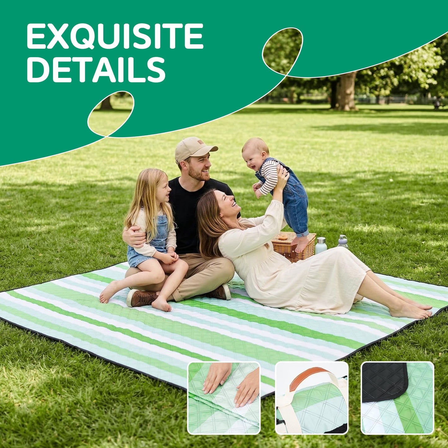 RYCHIC Waterproof Picnic Blanket Beach Mat Outdoor Outside Carpet Thick Rug Towel Kids Activity Playmat Oversized Cute Match Table Bag Basket Set Ground Cover Park Lawn Summer Vacation Essential