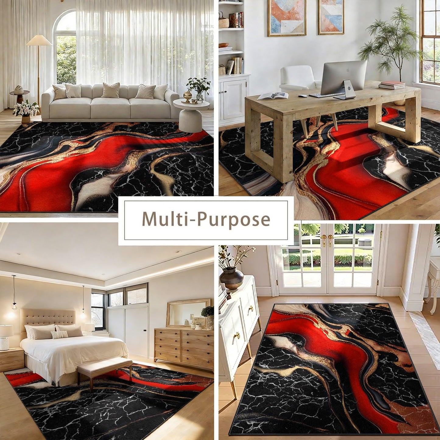 RSJLFHE 4x6ft Area Rug for Living Room, Elegant Red Black Gold Abstract Marble Washable Rug, Non Slip Low Pile Fluid Ink Design Stain Resistant Indoor Carpet for Bedroom Office Home Decor