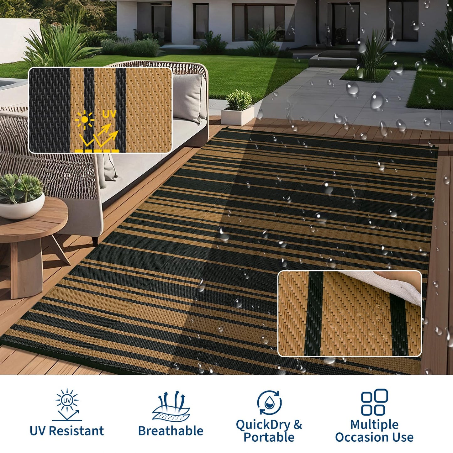Garvee Waterproof Outdoor Rug 8x10 Modern Striped Lines Plastic Straw Patio Camping Rug Indoor Outdoor RV Mat Carpet for Deck Camper Porch Balcony Backyard Picnic, Black Brown