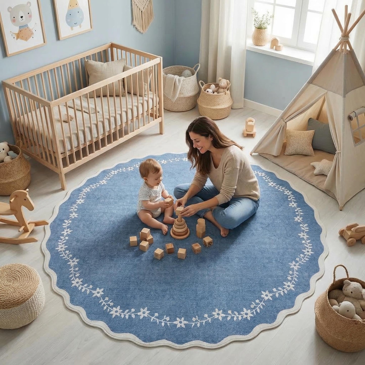 GarveeHome Round Area Rugs 4ft for Kids Room, Solid Navy Scalloped Washable Circle Rug Soft Non Slip Floral Print Floor Mat Carpet Indoor Thin Tent Rug for Bedroom Dining Room Playroom Nursery