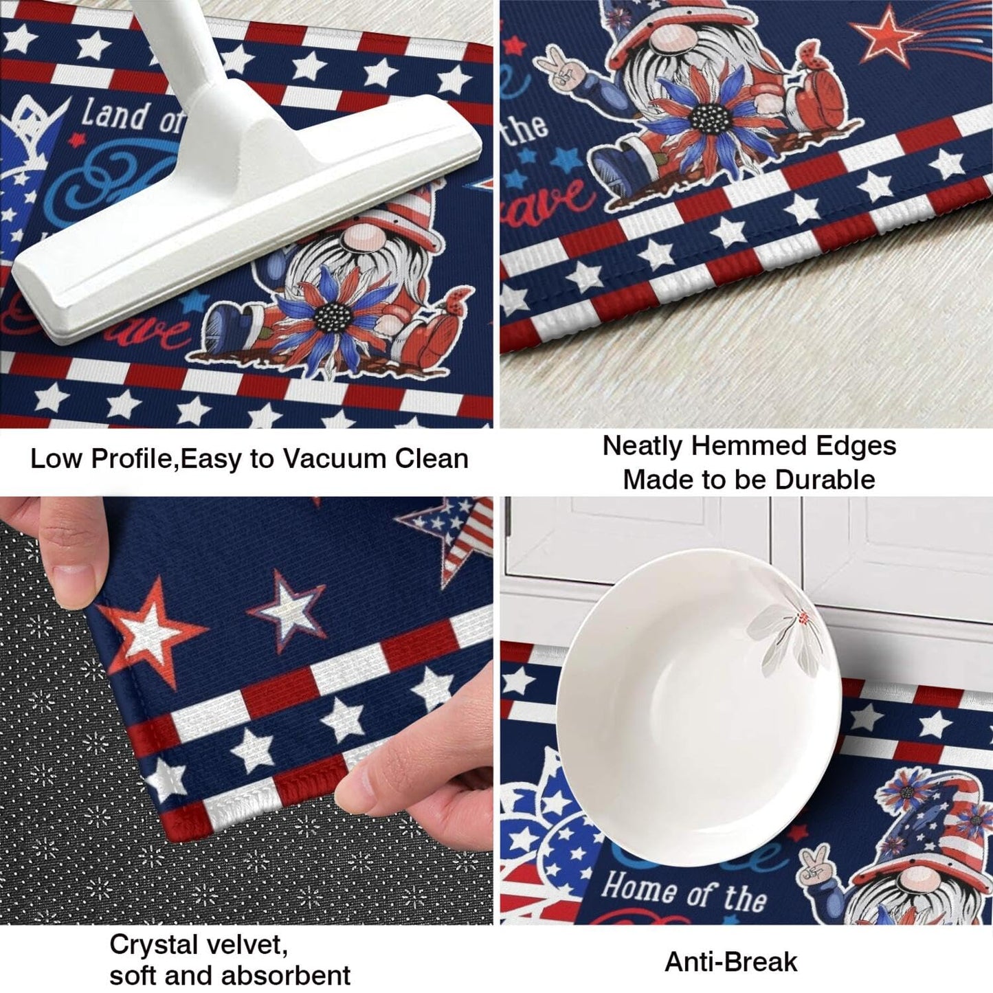 American Patriotic Farmhouse Kitchen Rugs Sets of 2,4th of July Memorial Day Independence Day Mats for Floor,Liberty Freedom Non Slip Holiday Decor Mat for Sink, Laundry, Office 17"x 47"+17"x 30"