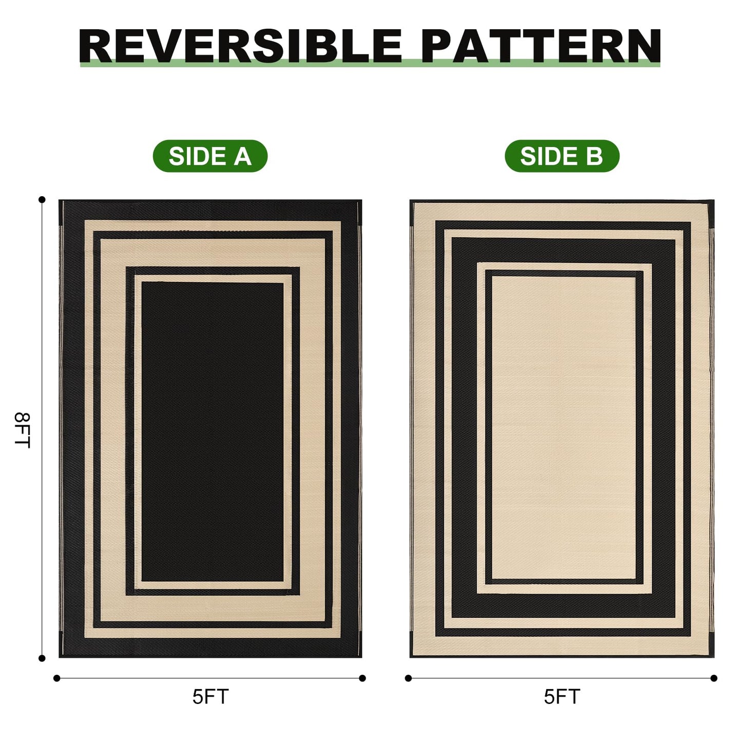 RURALITY Outdoor Rugs 5x8 Waterproof for Patios Clearance,Plastic Straw Mats for Backyard,Porch,Deck,Balcony,Reversible,Black and Beige