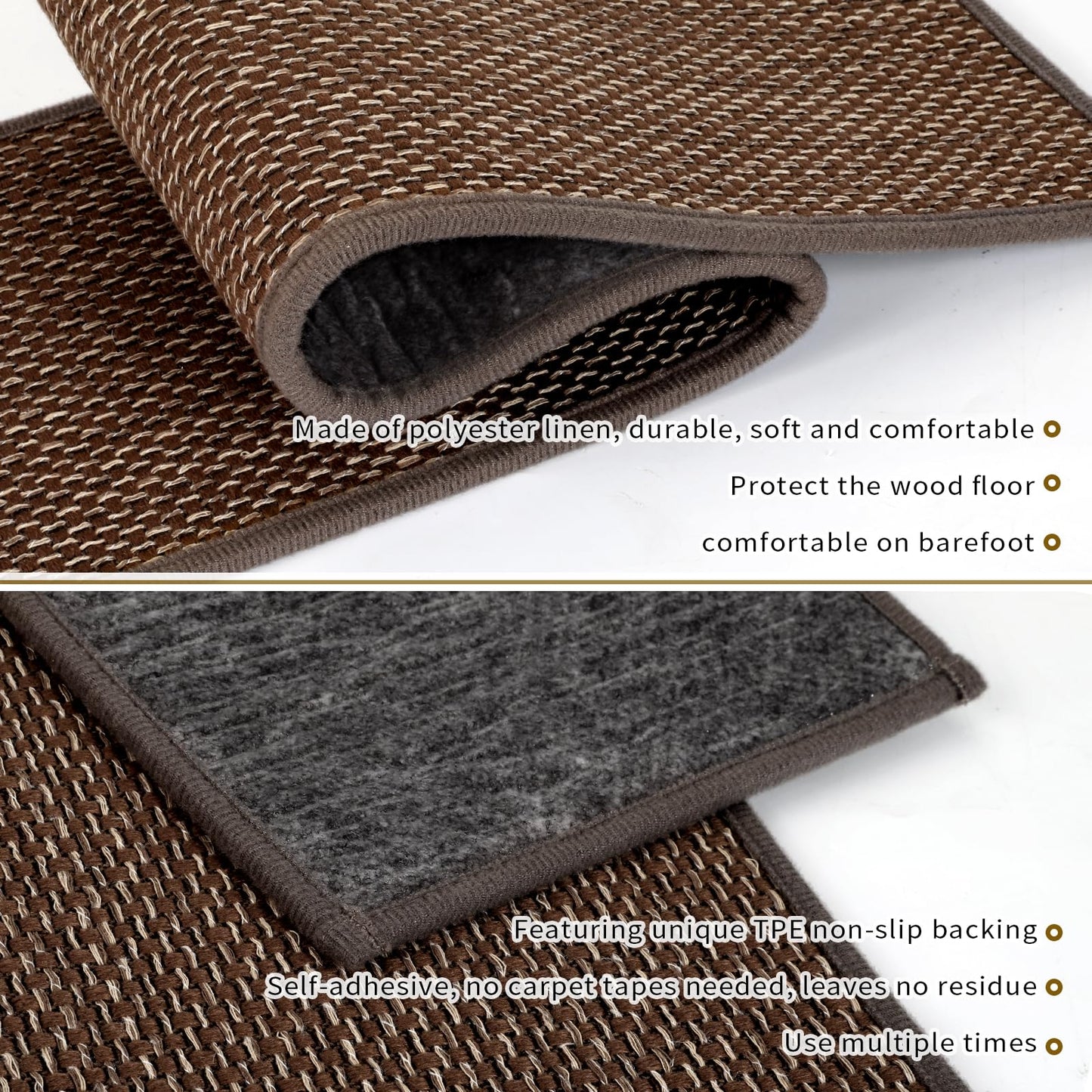 SMILOOL Stair Treads Non Slip for Wooden Steps Indoor 9" x 36" 8 Pack Extra Wide Stair Tread Carpet Stairs Runner, Step Pads with Reusable Adhesive for Dogs Kids Elders, Machine Washable, Brown
