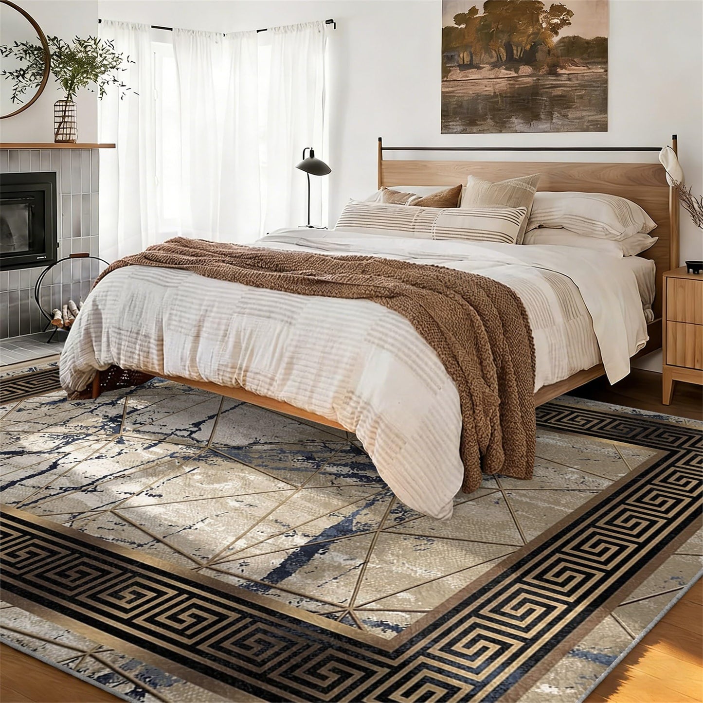 Greek Key Marble Area Rug 5x7ft, Gold Black Grey Blue Geometric Low Pile Carpet, Non-Slip Washable Stain Resistant Floor Mat, Modern Glam Abstract Border Design for Living Room, Bedroom, Office