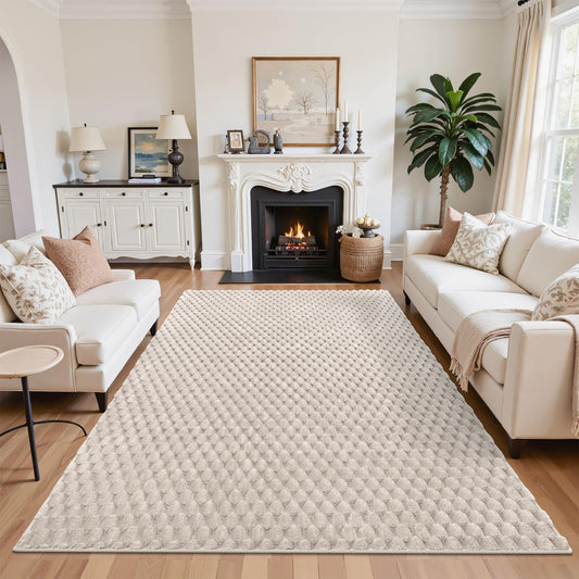 Vaukki 5x8 Area Rug for Living Room, Non Slip Washable 3D Bubble Living Room Rug, High Low Pile Hexagon Floor Mat for Bedroom, Modern Soft Fluffy Carpet for Dining Room, Office and Nursery, Beige