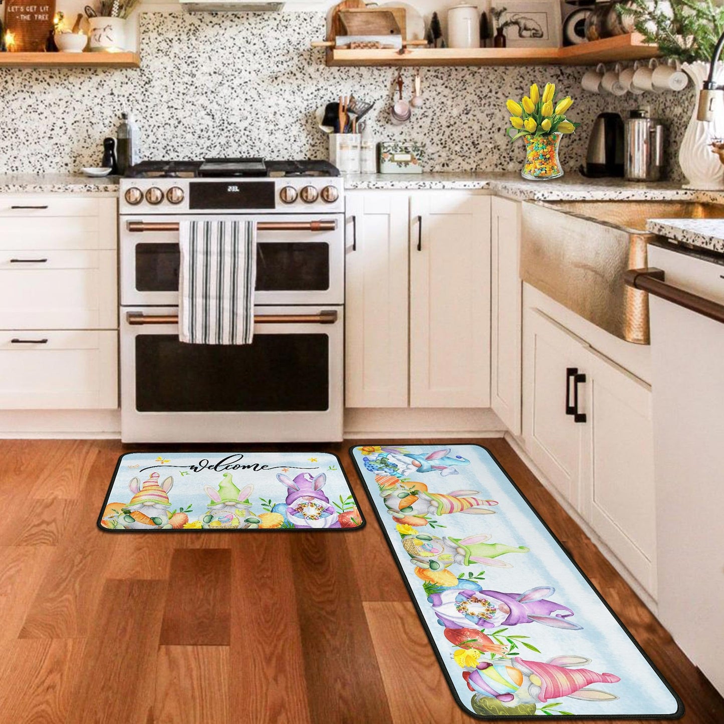 flippana Easter Kitchen Rugs and Mats for Floor Non-Slip Backing Easter Gnome Mat Easter Decorations for Home Welcome Spring Kitchen Rug Sets with Runner (Happy Easter 06, 17"x47.2"+17"x30")