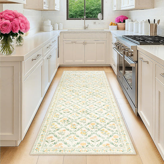 Runner Rug for Entryway: 2x6 Kitchen Rugs Non Slip Washable Ultra-Thin Soft Floral Carpet Indoor Floor Stain Resistant Carpets for Hallway Bedroom Kitchen Laundry Bathroom Dorm Beige/Multi