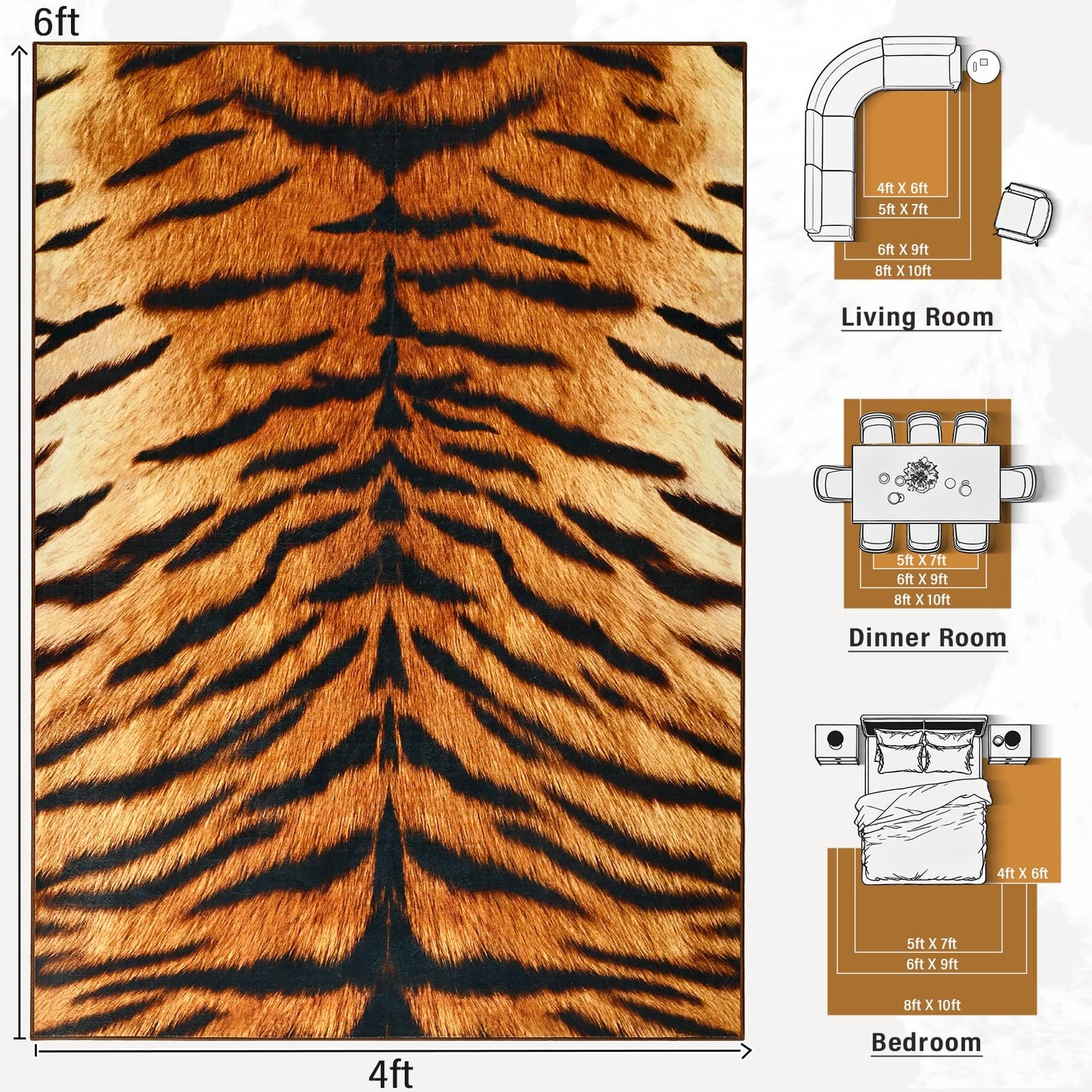 AROGAN Premium Tiger Rug for Bedroom 4×6 Feet, Machine Washable Animal Print Hide Area Rug, Large Non-Slip Faux Fur Tiger Skin Rugs Carpet for Office Living Room Dinner Room Decor