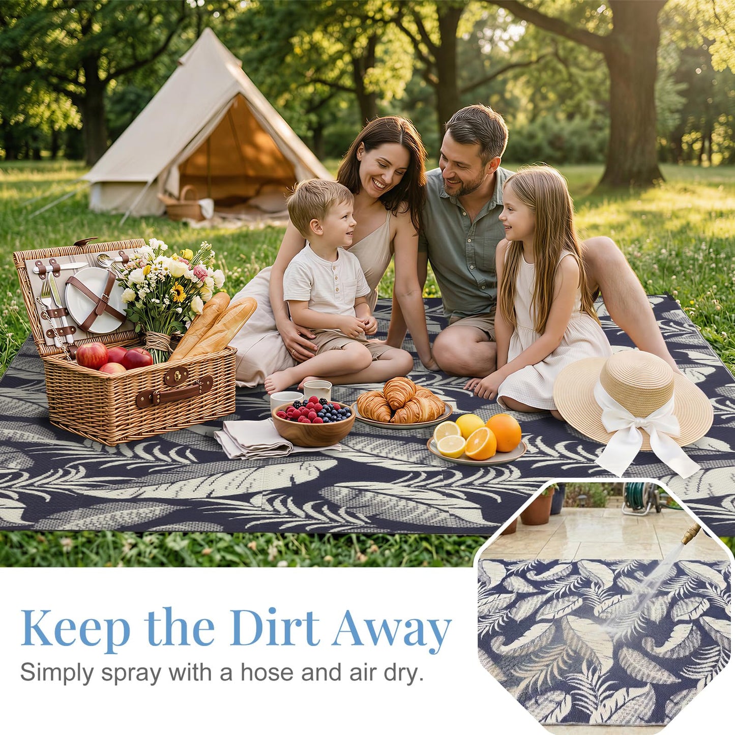 OPPODREAM Reversible Outdoor Rug 5x7, Waterproof Outdoor Plastic Straw Rug for Patio, Tropical Leaf RV Camping Rugs for Outside, Deck, Balcony, Porch, Backyard, Camping, Rv, Navy and Cream White