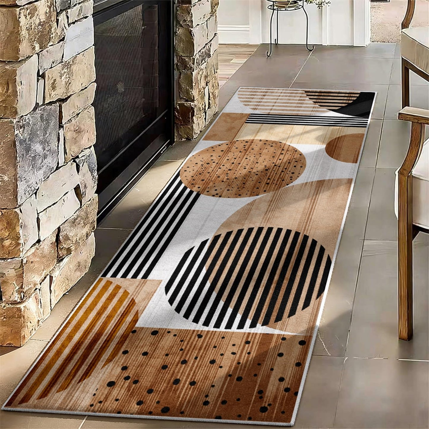 Modern Abstract Geometric Runner Rug 3.3x7ft,Mid Century Circles and Stripes Hallway Carpet, Luxury Earth Tone Long Floor Mat, Machine Washable Non-Slip Entryway Rug for Living Room, Bedroom