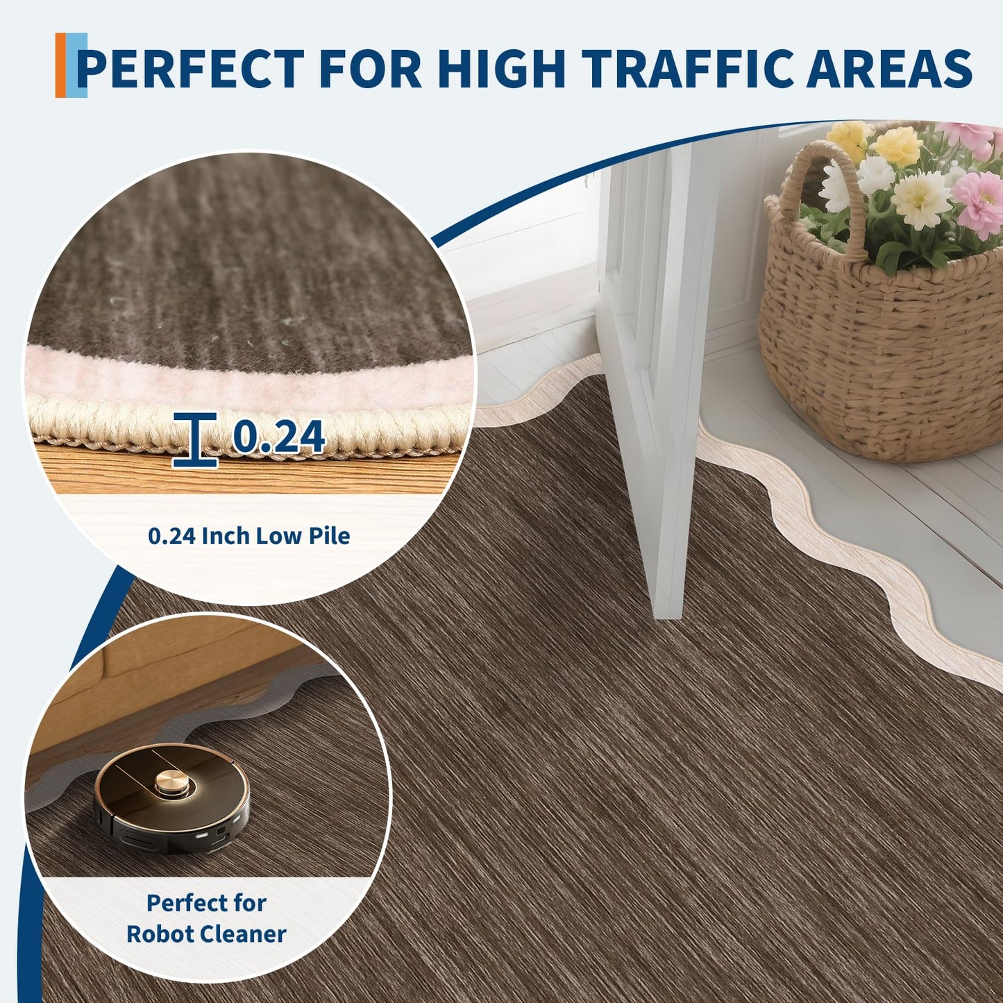 Garvee Scalloped Washable Rugs 9x12 Area Rug for Bedroom Rug Non Slip Throw Rugs Large Living Room Rug Modern Farmhouse Low Pile Soft Stain Resistant Carpet for Nursery Dining Room 9'x12' Dark Brown