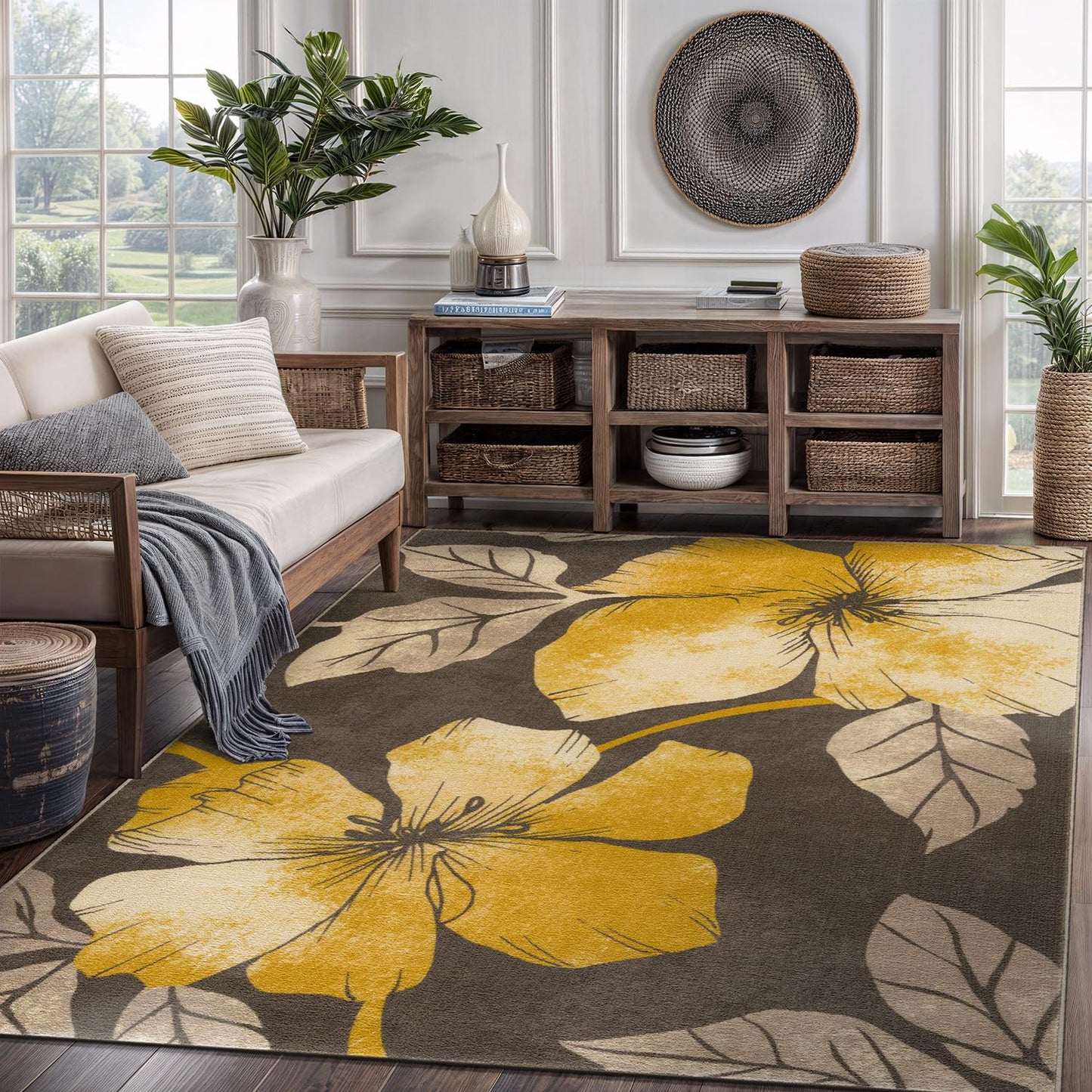 CAMILSON Solana Modern Floral 6'7" x 9'0" Area Rugs Non-Skid (Non-Slip) Rubber Backing Yellow Brown Flowers Indoor Rug (6x9, Floral - Yellow/Brown)