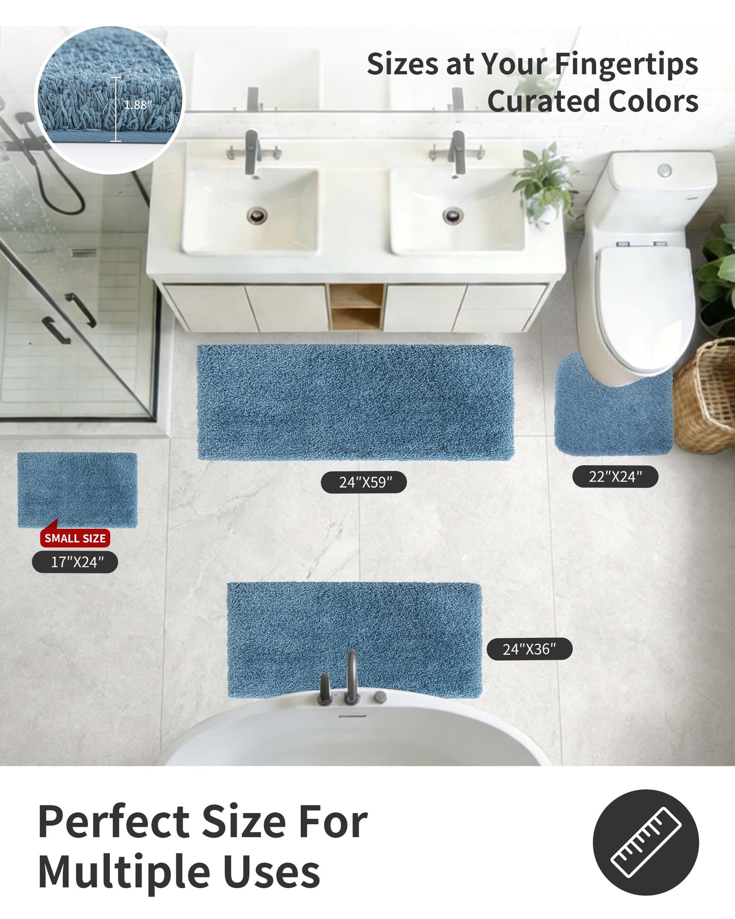 ILANGO Blue Bathroom Rugs 24" × 17" Small Non Slip & Super Absorbent Extra Thick Soft, Washable Bath Mat for Floor, Microfiber Plush Shaggy Bath Rug with Rubber for Bathtub Shower Room Sink