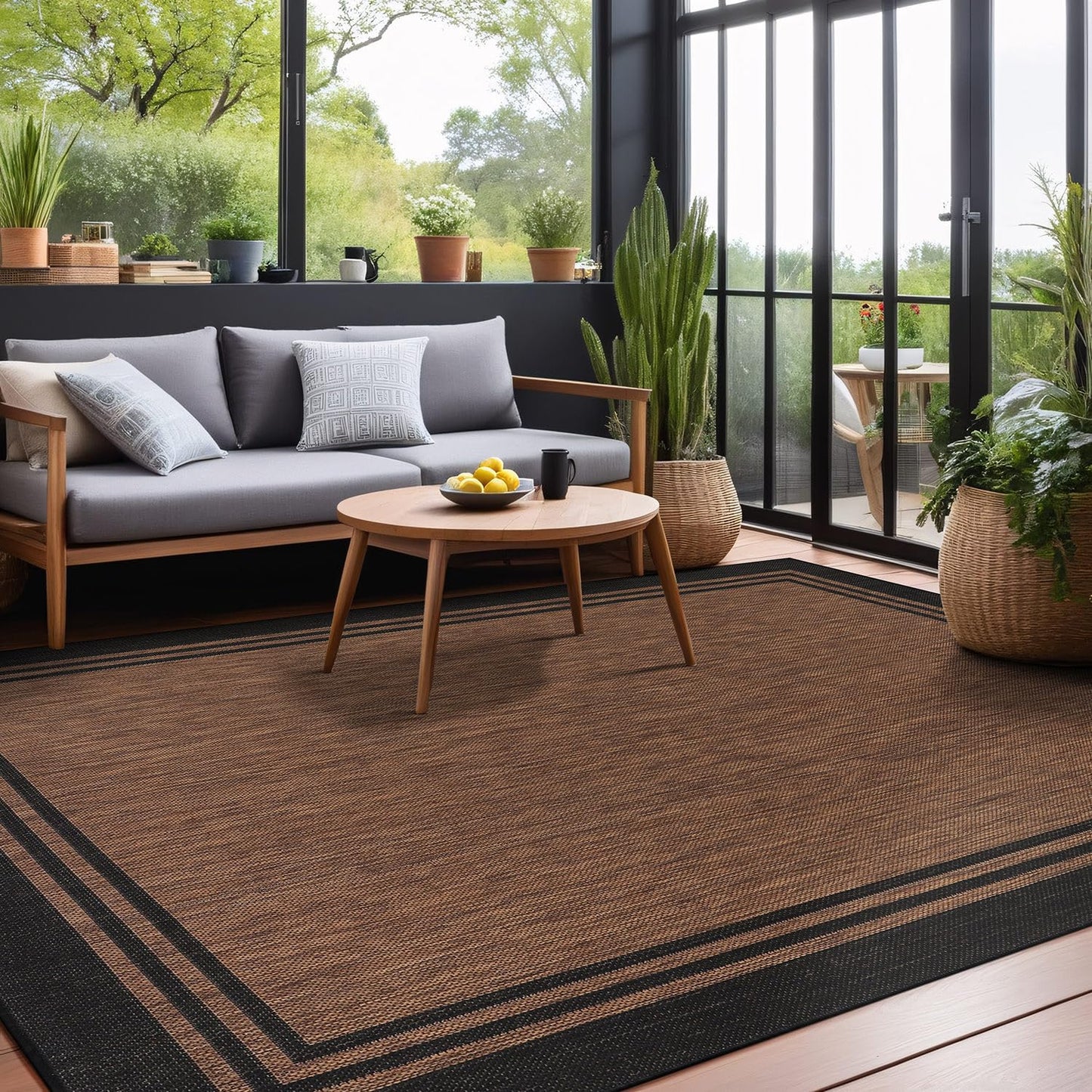 Luul Home Bordered Outdoor Rug 8x10 Washable Outside Carpet for Indoor Patio Porch Waterproof Easy Cleaning Non Shedding Area Rugs Nut Brown 8 x 10