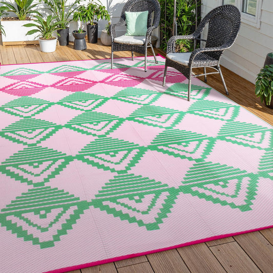Lahome Waterproof Outdoor Rug 8x10, Reversible Outdoor Plastic Straw Rug for Patios, Outside RV Mat Carpet for Deck Porch Backyard Balcony Picnic Trailer (Pink/Green, 8' x 10')