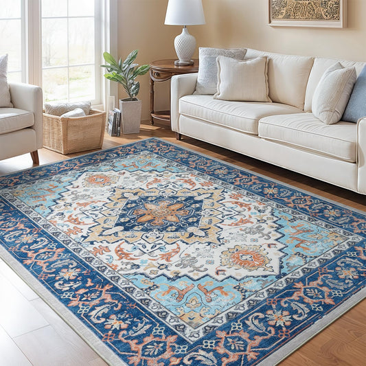 Lofus 5x7 Area Rugs for Living Room, Washable Area Rug, Rugs for Bedroom, Kitchen, Vintage Boho Carpet, Soft Non-Slip, Low Pile Large Area Rug for Office Dining Room, Floral Blue