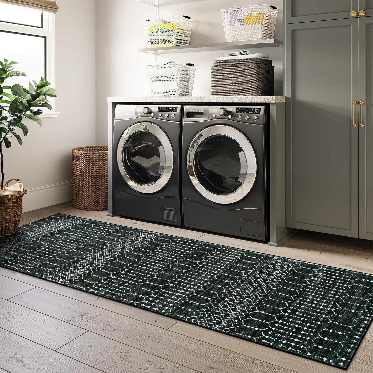 Lahome Moroccan Black Rug 2x8 Washable Non-Skid Kitchen Floor Runner, Low-Profile, Non Slip, Geometric Print Distressed Entryway Runner for Hallways, Laundry Room, Foyer Hana