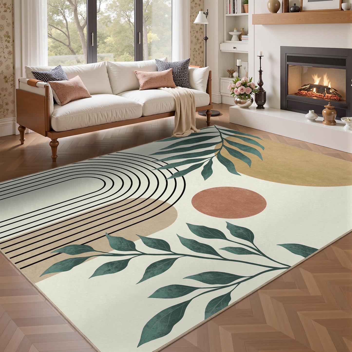 Indoor Outdoor Area Rug, Mid Century Sun Outdoor Patio Rug,Washable Abstract Art Leaves Eucalyptus Runway Rugs Non-Slip Carpet for Camping, Bedroom, Deck(5x8)