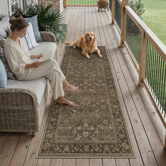 HUGEAR 2x6 Indoor/Outdoor Runner Rug Brown Linen-Look Fabric Vintage Area Rug High Traffic Stain Resistant Easy Clean Durable Rugs for Kitchen Hallway Entryway Balcony Porch Garden Courtyard