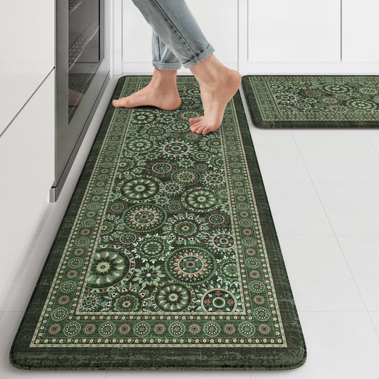 KIMODE Anti Fatigue Kitchen Mats for Floor 2 Piece Cushioned Boho Kitchen Rugs Memory Foam Kitchen Floor Mats Standing Desk Mats for Laundry Office Sink Green 17"x47"+17"x29"