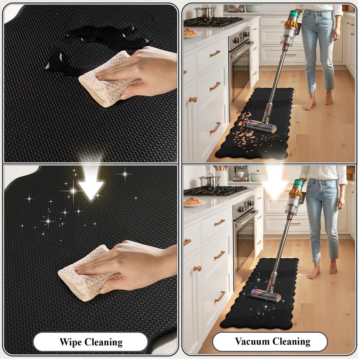 KIMODE Scalloped Kitchen Mats for Floor Cushioned Anti Fatigue,Wavy Kitchen Sink Rugs Sets of 2 Non Slip,Comfort Memory Foam Kitchen Floor Mat Carpet for Office Laundry,Black