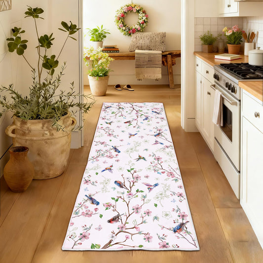 cusugbaso Washable Runner Rug 2x6, Faux Wool Floral Bird Kitchen Mat - Non Slip Low Pile Spring Vintage Area Rugs for Floor Hallway Laundry Bedroom Holiday Decor