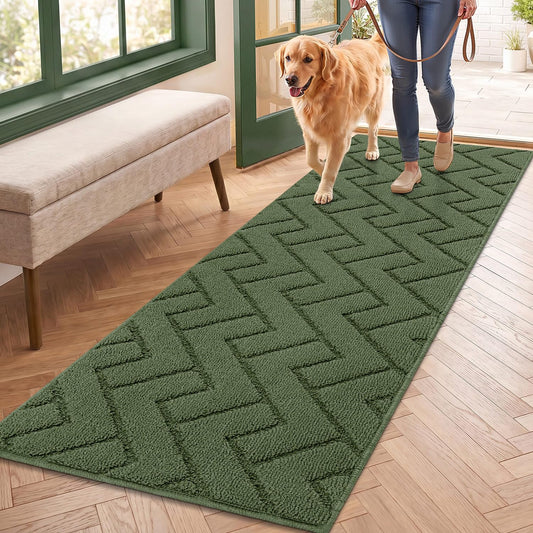 hicorfe Dirt Trapper Indoor Doormat,20"x59" Welcome Door mat,Non Slip Backing Washable Door Mats,Absorbent and Resistant Low-Profile Entrance Inside Floor Mat for Front Back Door,Entryway (Green)