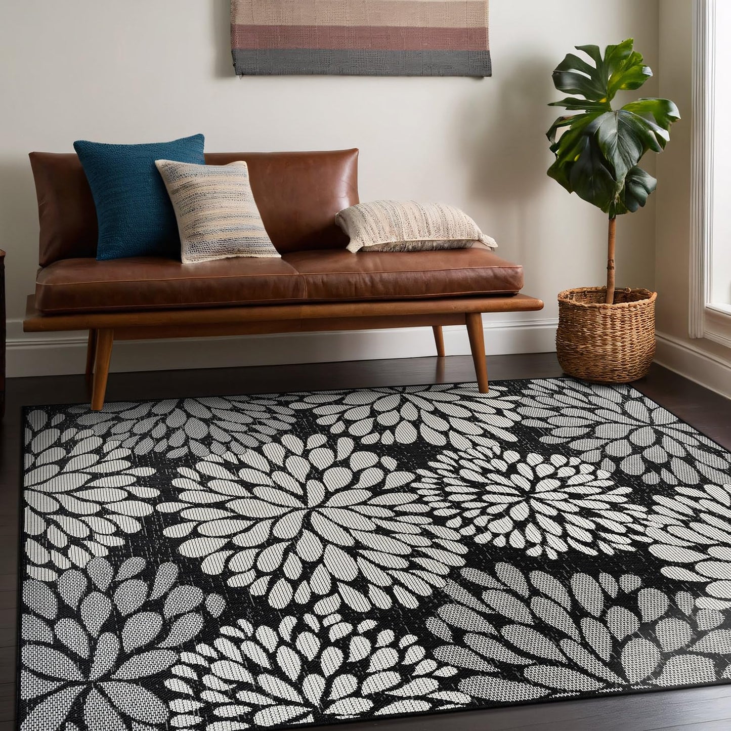 Beverly Rug Outdoor Rug 8x10 Modern Exotic Tropical Leaf Area Rugs for Indoor and Outdoor Patio Deck Porch Garden Water Resistant Washable Outside Carpet (8 x 10 Dark Gray)