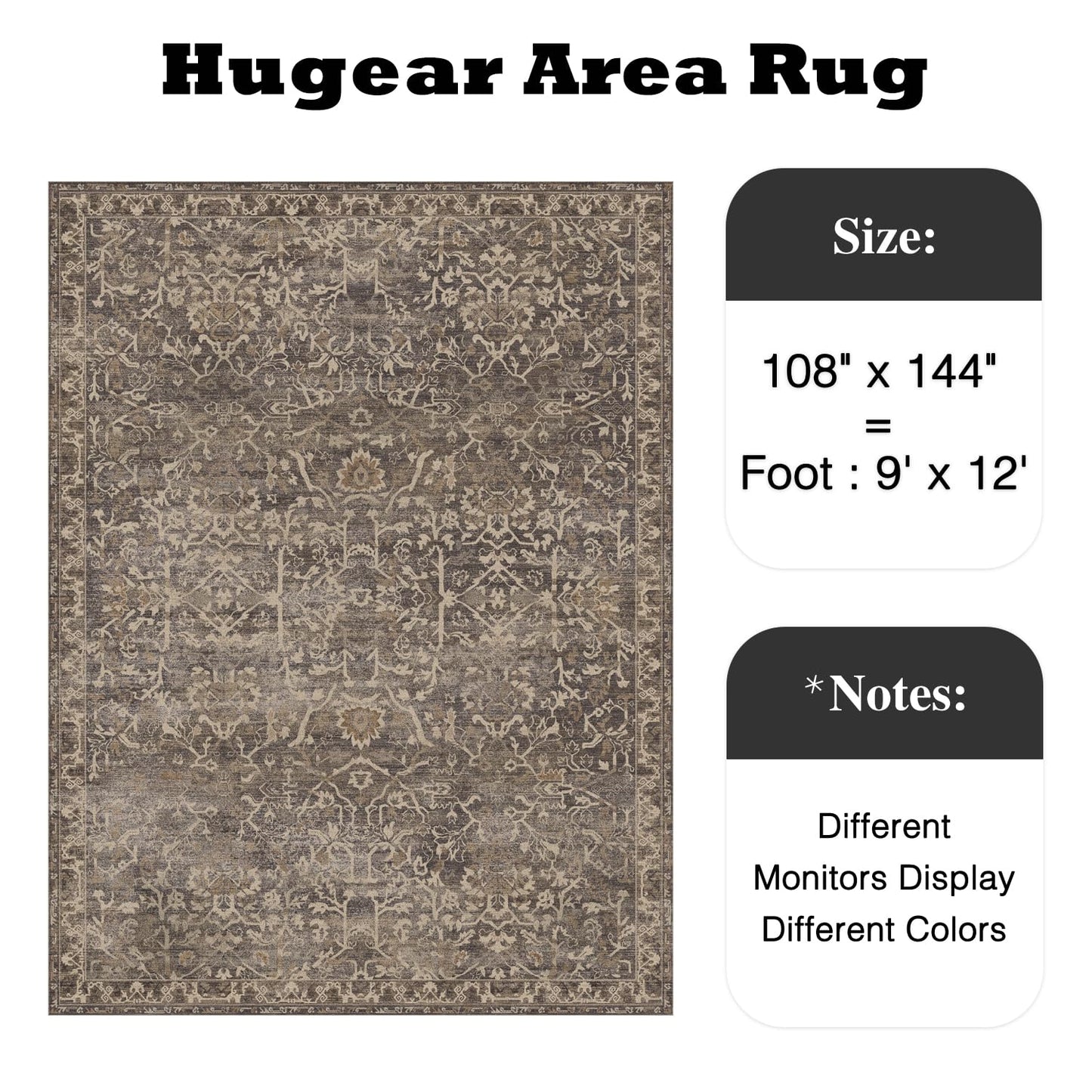 HUGEAR Area Rug 9x12 Retro Brown Machine Washable Living Room Rugs Distressed Vintage Floral Vacuumable Low Pile Carpet Bedroom Office Dining Room Laundry Room Non Slip Soft Lightweight