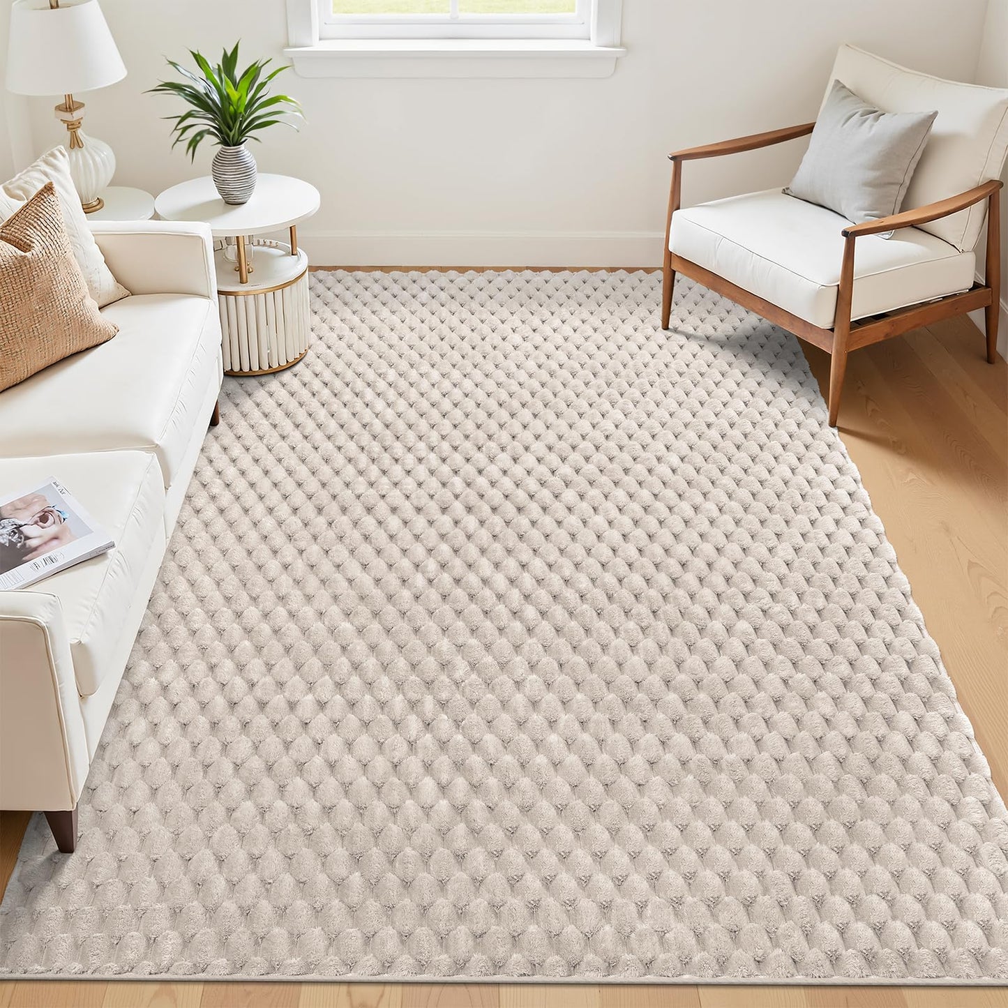 Vaukki 5x8 Area Rug for Living Room, Non Slip Washable 3D Bubble Living Room Rug, High Low Pile Hexagon Floor Mat for Bedroom, Modern Soft Fluffy Carpet for Dining Room, Office and Nursery, Beige
