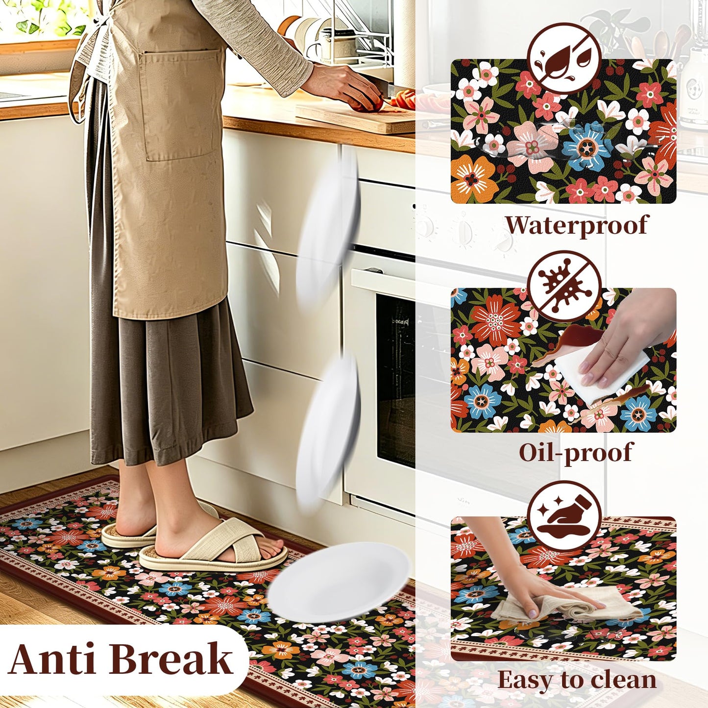 CHICNOOK Boho Vintage Floral Kitchen Rug Set of 3, Black Rustic Kitchen Mat