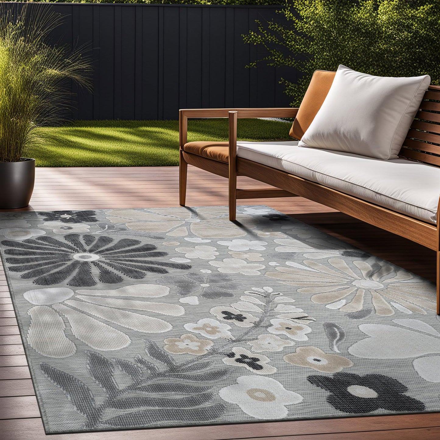 Beverly Rug Outdoor Rug 5x7 Modern Floral Tropical Area Rugs for Outdoor and Indoor Patio Easy to Clean Non Shedding Living Room Porch Garden Washable Outside Carpet (5 x 7 Beige)