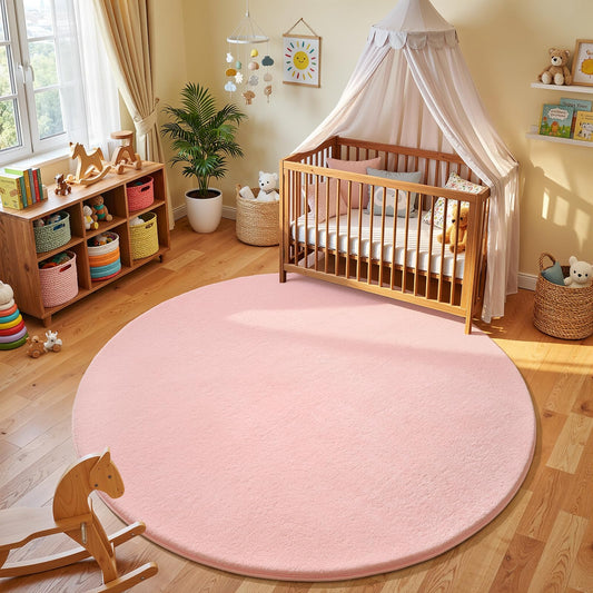Amearea Pink Round Area Rugs 4ft Washable Circle Rugs for Bedroom Living Room, Fluffy Indoor Thickened Memory Foam Rug, Non Slip Minimalist Circular Carpet for Kids Boys Girls Dorm Nursery Room Decor