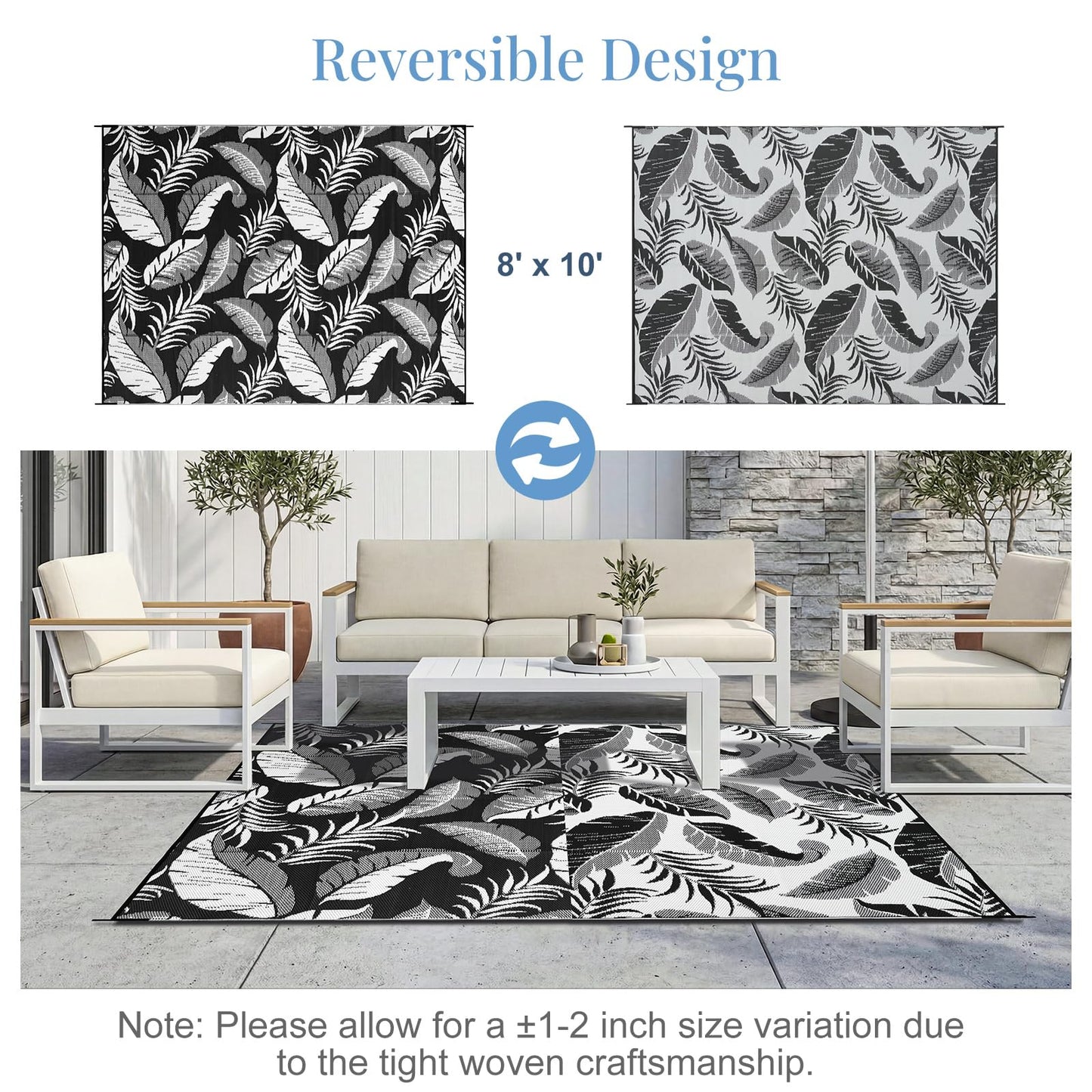 OPPODREAM Reversible Outdoor Rug 8x10, Waterproof Outdoor Plastic Straw Rug for Patio, Tropical Leaf RV Camping Rugs for Outside, Deck, Balcony, Porch, Backyard, Camping, Rv, Black and White