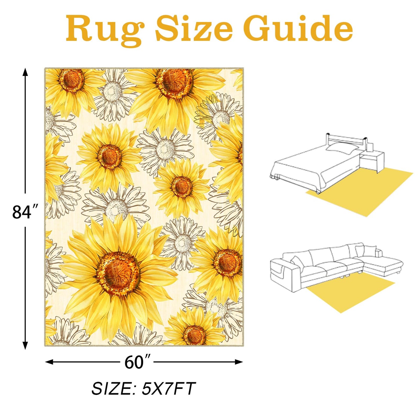 AooHHooA Sunflower Rug 5x7 Rustic Floral Rug with Non-Slip Backing Low Pile Washable Area Rugs for Living Room Bedroom Dining Room