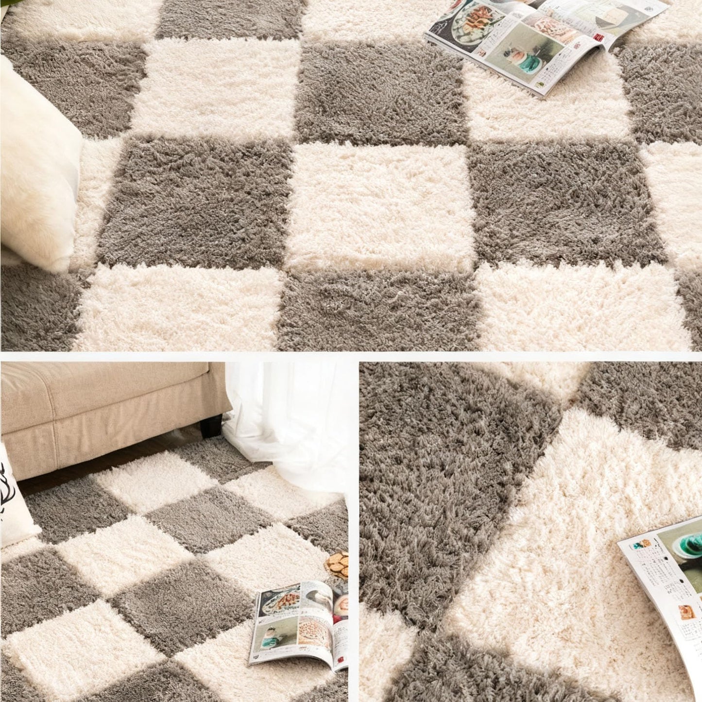 Thickened Plush Foam Interlocking Floor Carpet Mat,24 Piece 12x12in Fluffy Square Puzzle Foam Carpet Tiles with Edgings,Soft Anti-Slip Shaggy Area Rug Playmat(Color:Grey+White)